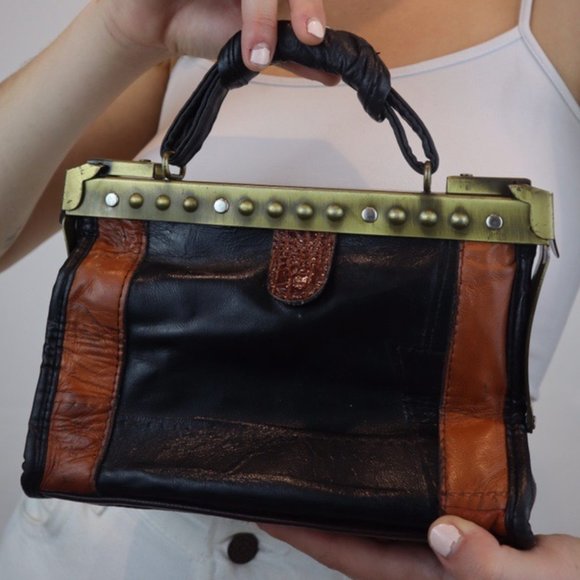 Vintage 90’s Leather and Snakeskin & Brass Bag - Picture 4 of 4